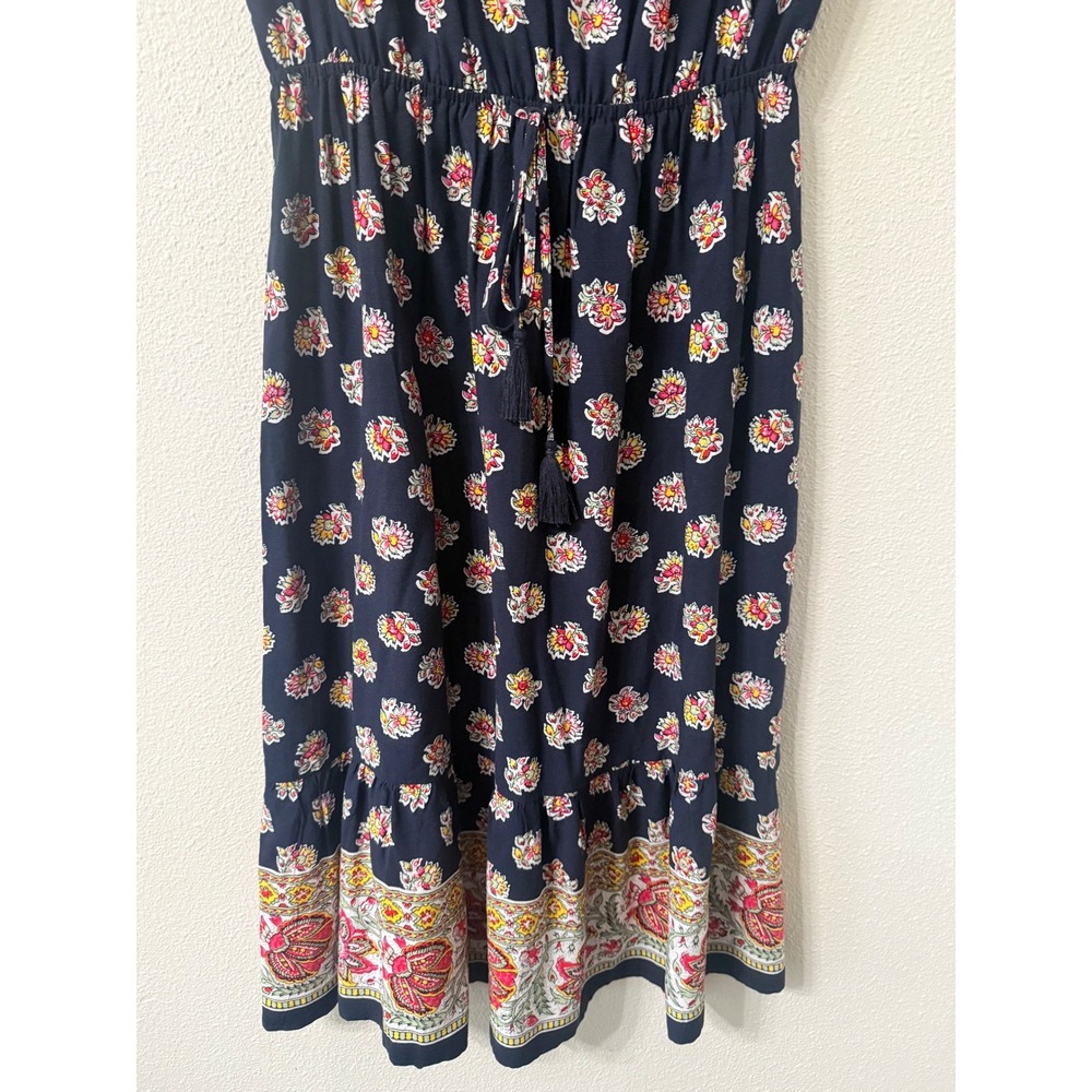 LOFT Womens Navy Blue Floral Boho Midi Dress Cap Sleeve Tassel Waist Small - Picture 4 of 11